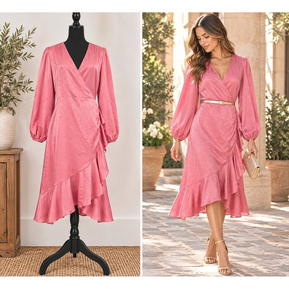 Pink Satin Wrap Midi Dress Size 8 Ruffle Asymmetric Fairy Wedding Guest Romantic